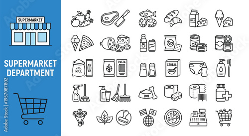 Supermarket department icons displaying various grocery and household items