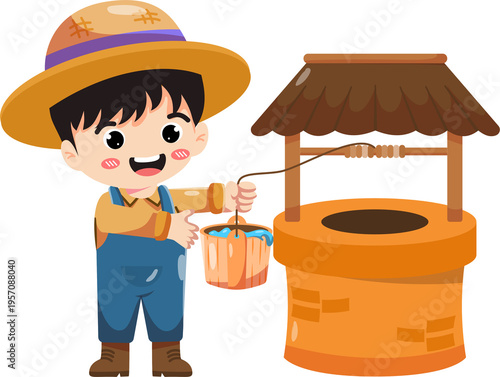 A cartoon boy drawing water from a well on transparent background