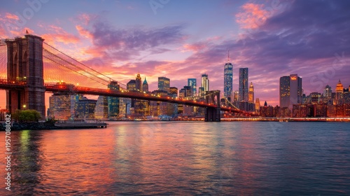 Brooklyn bridge and New York city skyline at sunset. Panoramic view of skyscrapers and river in the evening light. Iconic urban cityscape for travel guide or architectural scenery concept.