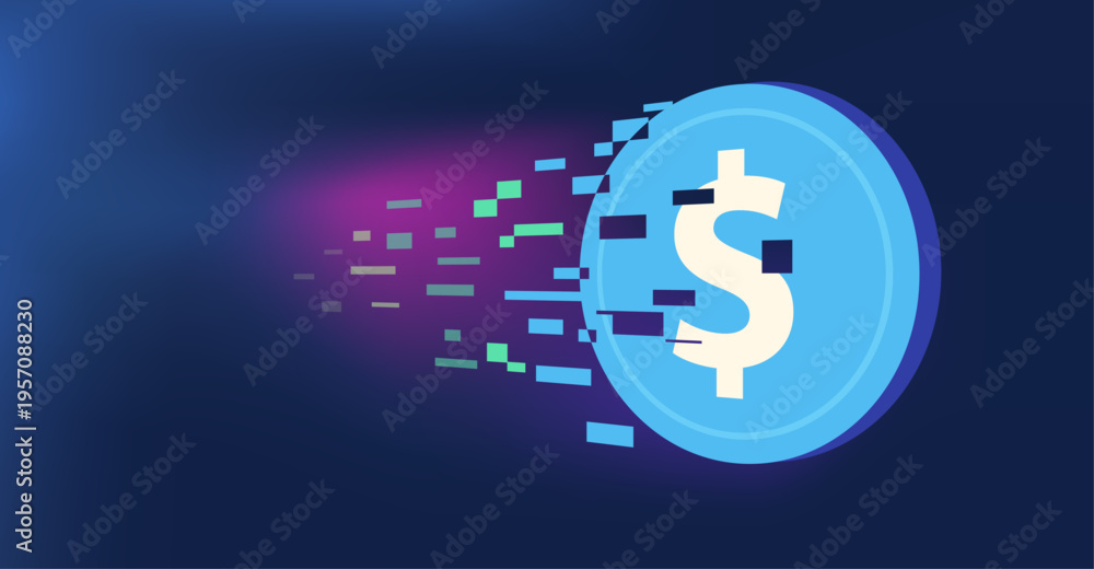 Obraz premium digital currency dollar coin digitalizing into digital coin illustration blue background.