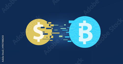 Physical currency transferring into digital currency, dollar coin digitalizing into digital coin illustration.