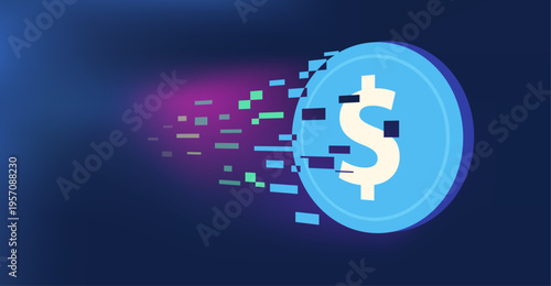 digital currency dollar coin digitalizing into digital coin illustration blue background.