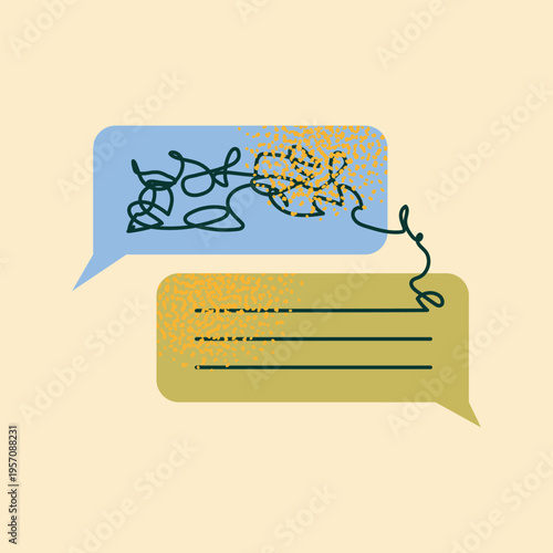 Conceptual Vector Illustration of Speech Bubbles with Tangled Messy Lines Transforming into Straight Organized Thoughts Symbolizing Therapy, Mental Health, Communication, and Problem Solving