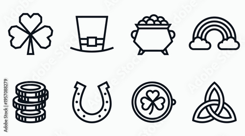 Collection of black and white line art icons representing St. Patrick's Day symbols including shamrock, leprechaun hat, pot of gold, rainbow, coins, horseshoe, and Celtic knot.