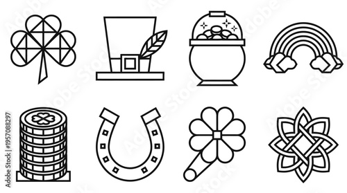 Eight black and white outline icons depicting St. Patrick's Day and Irish luck symbols, such as shamrocks, a leprechaun hat, a pot of gold, a rainbow, coins, a horseshoe, and a Celtic knot.