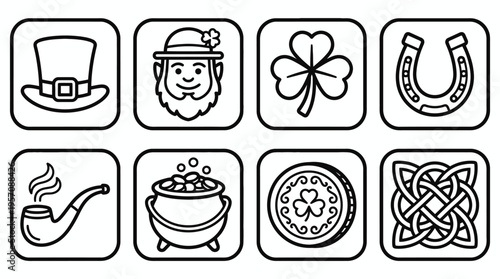Collection of eight black and white line art icons representing traditional Irish symbols and St. Patrick's Day elements, including a leprechaun, shamrock, pot of gold, and Celtic knot.