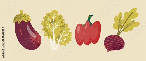 Vector Illustration of Fresh Autumn Vegetables: Purple Eggplant, Green Kale Leaf, Red Bell Pepper, and Whole Beetroot with Leaves. Minimalist Textured Flat Icons for Healthy Organic Food