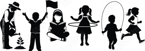 Set of black silhouettes featuring children and adults engaged in outdoor activities like gardening, reading, playing with hula hoops, jumping rope, running, and waving flags on a white background.