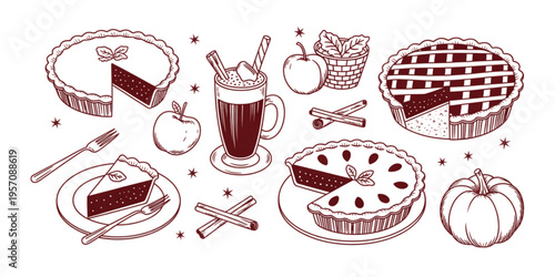 Set of hand drawn autumn pies with cinnamon sticks and hot drinks for a seasonal festive holiday Vector