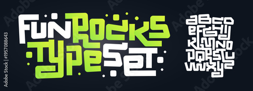 Fun Playful Font Geometric Logo Alphabet Cool Cartoon Letter Set Modern Typography, Creative Typographic Design for Comics Title Text, Typo Poster Headline. Music Fest Style Fonts. Vector Typeface