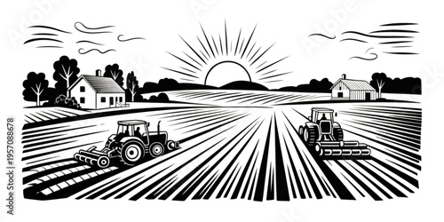 Black and white illustration of two tractors working in a vast agricultural field at sunrise Vector