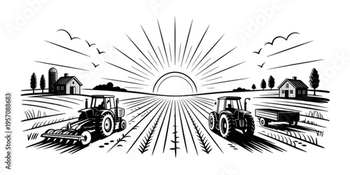 Black and white illustration of tractors working on a farm field during a beautiful morning sunrise Vector