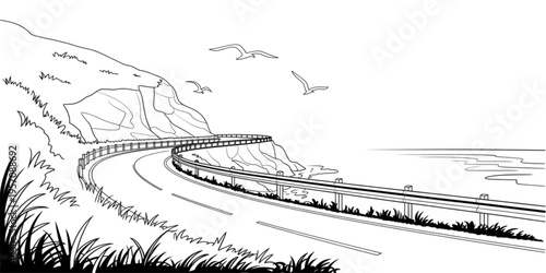 A winding coastal road following a rocky cliffside by the calm ocean with seagulls flying above Vector