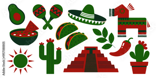 Set of various mexican culture elements including food symbols icons and traditional landmarks Vector