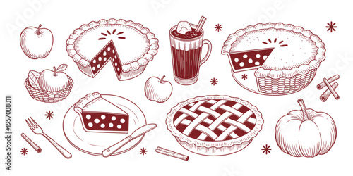 A collection of hand drawn autumn harvest illustrations featuring various delicious fruit pies Vector