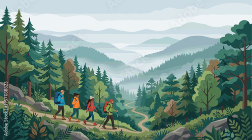 A diverse group of four hikers trek along a winding path through a lush, stylized mountain forest with layers of misty hills in the background.