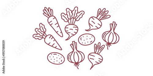Collection of various fresh garden vegetables illustrated with simple dark red outline strokes Vector