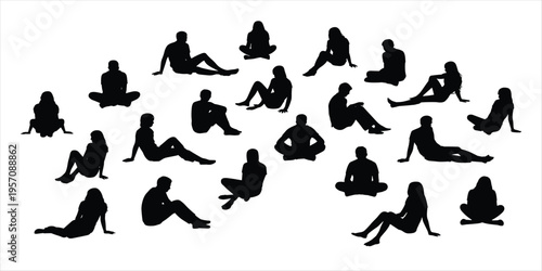 Diverse Silhouettes Of People Sitting In Various Poses On White Background vector illustration
