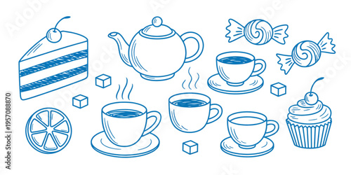Collection of hand drawn outline illustrations featuring tea time treats and hot beverage items Vector