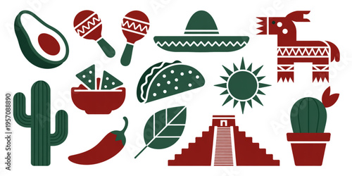Collection of traditional mexican cultural icons featuring food and architectural landmarks symbols Vector