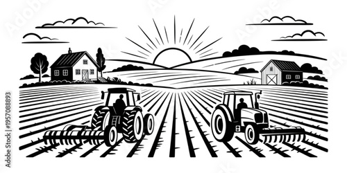Two tractors working in the agricultural fields with a farmhouse and barn under the morning sun Vector