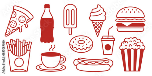 Set of ten different fast food and snack icons featuring pizza burger soda coffee and dessert Vector