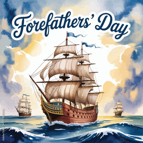 Vintage tall ship sailing on wavy sea with watercolor sky Keywords: sailing, ship, vintage, tall