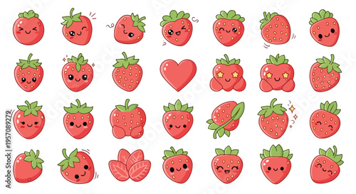 Collection of various cartoon strawberries with facial expressions arranged on a white background in a flat lay composition.