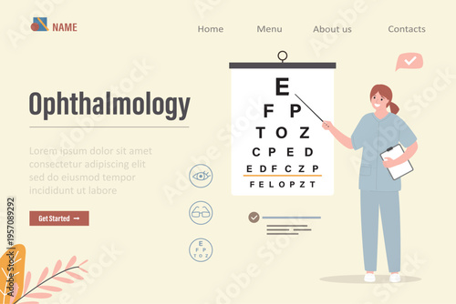 Ophthalmology, landing page template. Eye specialist points to letters on classic Snellen eye chart with pointer. Importance of routine vision checkups. Health care concept.
