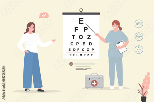 Ophthalmology, female oculist conducts vision test for young patient using letter chart. Professional eye care and medical diagnostics. Health care concept.