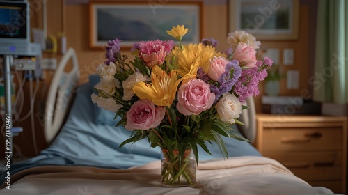 Hospital room transformed for surprise anniversary celebration, medical equipment decorated with flowers, love persisting through health challenges, perfect for marriage resilience celebration,