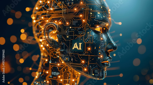 Realistic Artificial intelligence. Computer mind connections head. Human head with circuit board inside