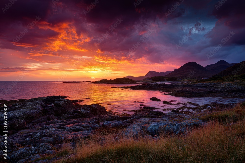 Obraz premium Dramatic Coastal Sunset on Mull: Flaming Twilight and Silhouettes Across the Horizon