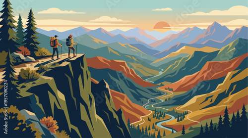 Two hikers stand on a cliff edge, admiring a vast mountainous valley with a winding river below during a colorful sunset.