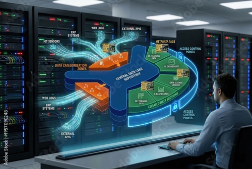 Enterprise Data Lake Architecture Blueprint - 3D Holographic Data Repository Design with Multi-Source Integration and Metadata Management Platform