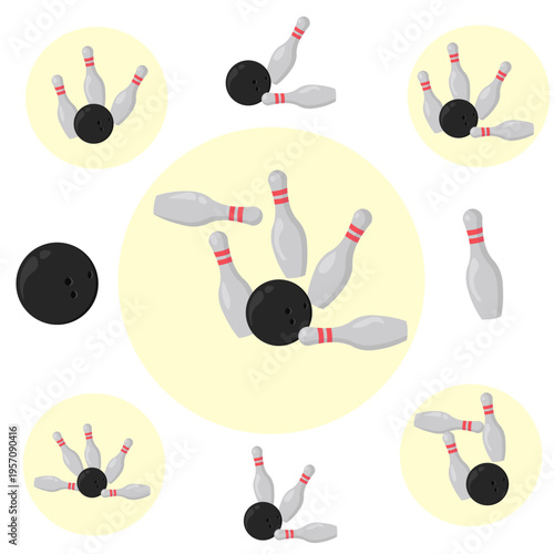 Vector set of bowling illustrations featuring black bowling balls hitting white pins with red stripes, Dynamic flat icons of strike moments and sports equipment