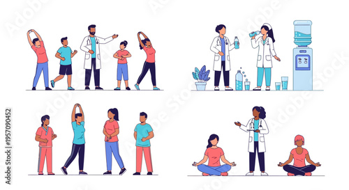 Illustration of people promoting health and wellness on World Health Day with a doctor and family members engaging in healthy activities against a clean background.