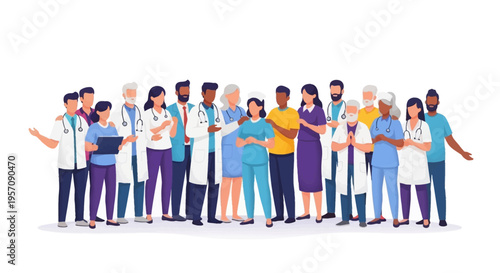 Illustration of diverse people including doctors and a family on World Health Day with a design icon background conveying health business and art.