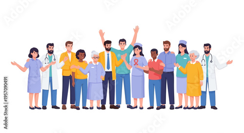 Illustration of diverse people including a doctor and family members celebrating World Health Day with a design of colorful characters on a white background conveying a sense of health and