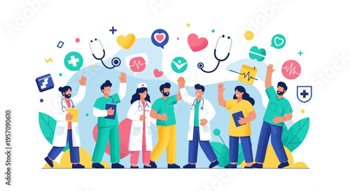 A diverse group of people including doctors and a family celebrate World Health Day with colorful medical icons and symbols in a vibrant illustration.