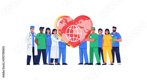 Illustration of diverse people including a doctor and family members standing with a large heart and globe on World Health Day, symbolizing global health and wellness in a colorful design.
