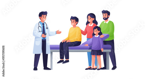 A doctor in a white coat discusses health with a family of four, including a sitting man, standing woman, girl, and man, on World Health Day against a clean background, in a colorful