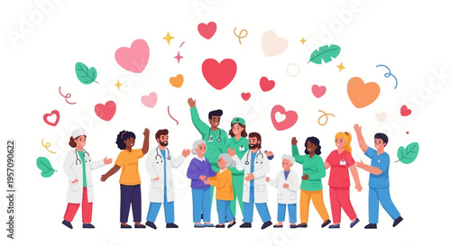 A diverse group of people, including doctors and healthcare professionals, celebrate World Health Day with colorful icons and symbols of health and wellness floating above them on a white