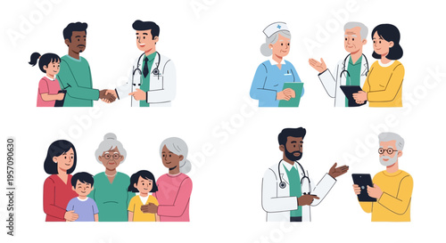 Illustration of diverse people including doctors and patients of various ages interacting on a clean background, promoting health and wellness on World Health Day with a design focused on