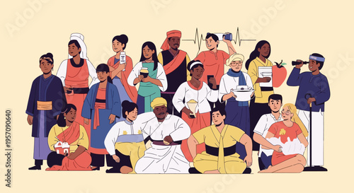 Diverse group of people illustration for World Health Day with a doctor and family members in a colorful, flat design against a light background, promoting health and wellness.