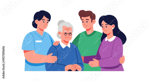 Illustration of a family and a doctor on World Health Day, conveying health and care with a design character and icon style against a clean background.