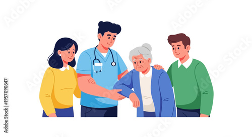 Illustration of a doctor with a stethoscope presenting a health plan to a senior with family members around on World Health Day against a clean background with a design icon style conveying
