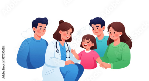 A doctor in a white coat examines a young girl with her family on World Health Day against a clean background, a colorful illustration conveying a sense of health and wellness.