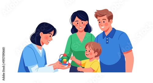 A doctor gives a toy to a happy child as a family looks on in a colorful illustration for World Health Day with a clean background.