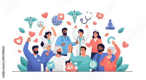Illustration of diverse people and a doctor celebrating World Health Day with health icons and symbols in a colorful design on a white background.